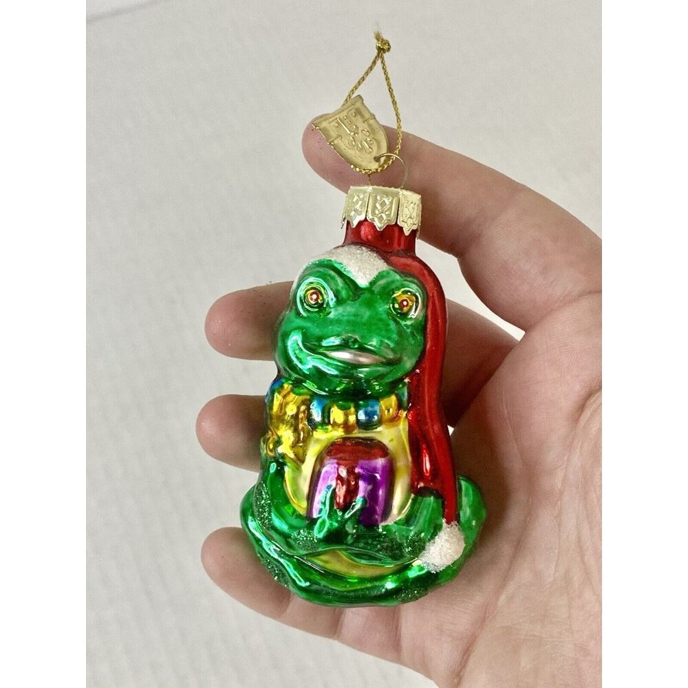 Thomas Pacconi‎ Christmas Ornament Green Frog Santa Hat Holiday Blown Glass